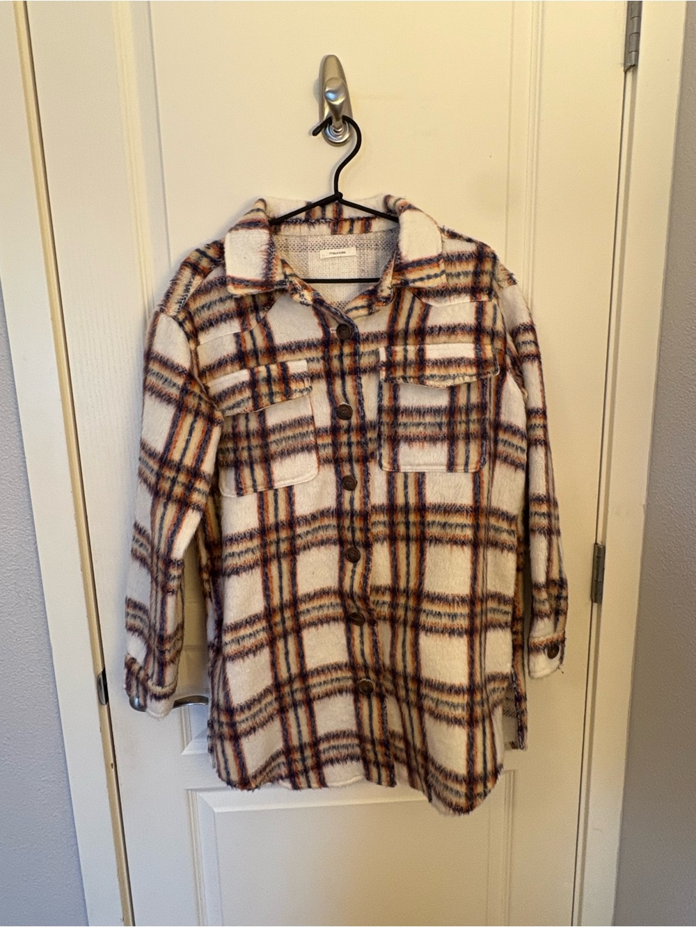 Maurices Cream Plaid Shirt Jacket with Navy and Orange Stripes